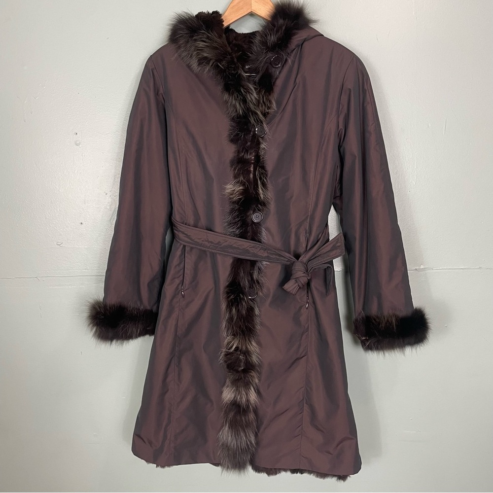 Dana Buchman‎ Brown Taffeta Coat with Rabbit Linning Fox Collar and Cuffs Trim